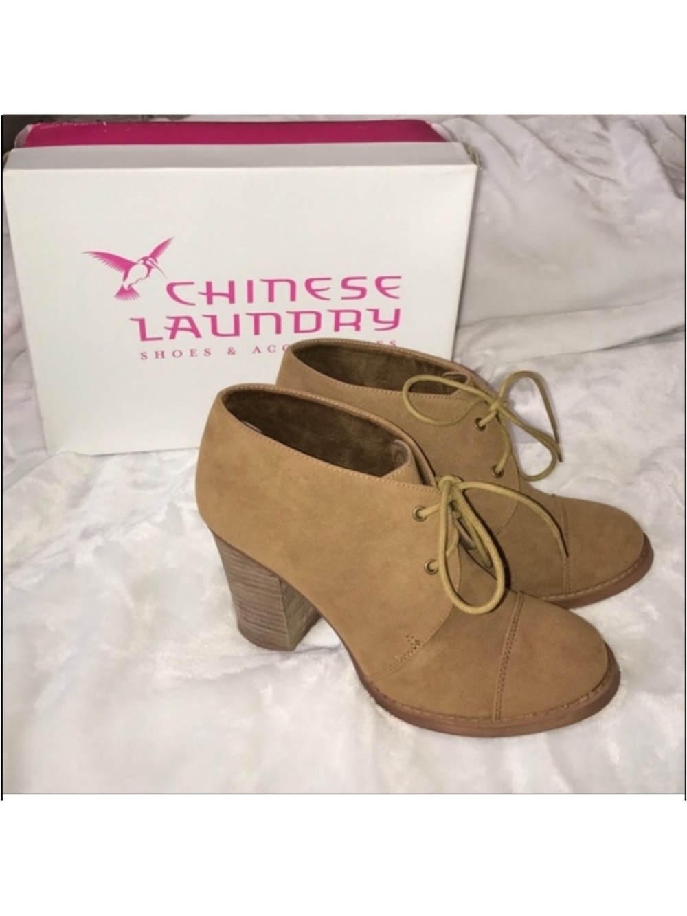 Chinese Laundry Tan Suede Lace-Up Stacked Heel Booties